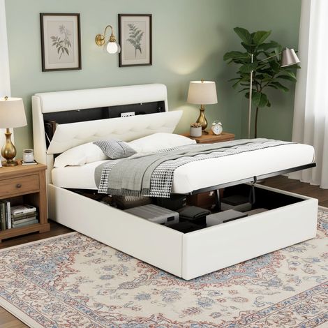Lit Double 140x190 avec Rangement - Tête de lit caché, coffre hydraulique, sommier inclus, simili cuir blanc (sans matelas) (1/5)