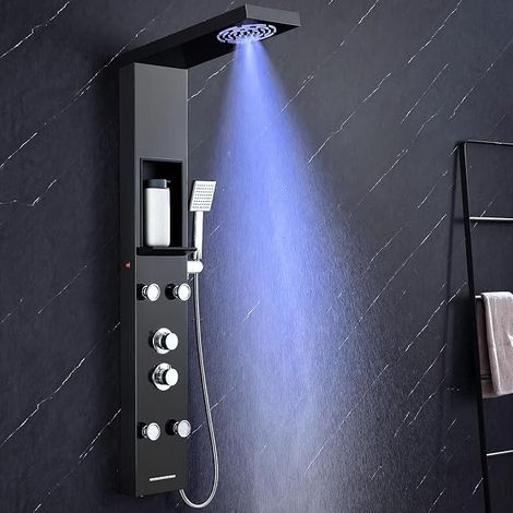 Shower Panel with Tap and Black LED Shelf, 5 Function Shower Column, Rain and Fog Shower, 4 Wide Angle Adjustable Massage Nozzles, Hand Shower and Tub Spout (1/5)