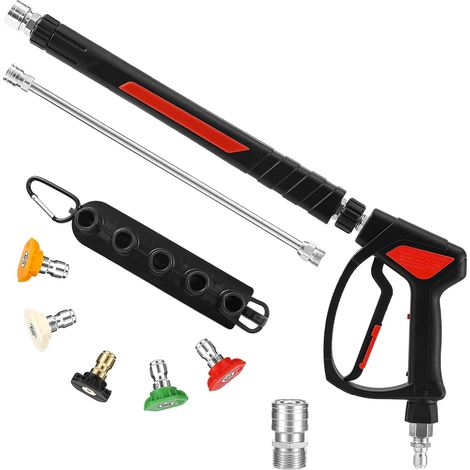 Pistolet Long Haute Pression avec Raccord Rapide Pivotant 3/8" Soupape Interne en Acier Inoxydable, Rallonge de Lance de Remplacement, M22-14 mm, 5 Buses avec Porte-Buse, 400 bar (1/5)