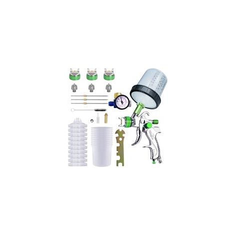 (Vert) Pistolet pulvérisateur de Peinture avec 10 gobelets jetables de 600 ML et jauge de Pression, kit de Pistolet de pulvérisation de Voiture avec 3 Buses 1,4/1,7/2 mm et gobelet mélangeur