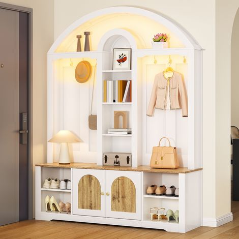 Flurgarderobe, Aufbewahrungsmöbel mit Kleiderstange und Schuhablage, MDF im skandinavischen Stil, 150 × 40 × 195 cm, mit LED-Lichtleiste, Weiß und Holz (1/5)