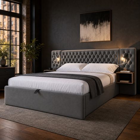 Cama doble 180x200 cm de terciopelo gris, con almacenaje para dormitorio, sin colchón -FLORAGRACE (1/5)