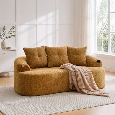 Divano a 2 posti moderno curvo in ciniglia giallo senape con 3 cuscini decorativi (1/5)
