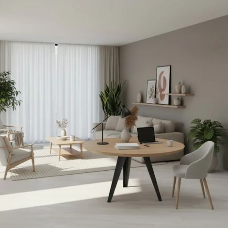 Leo, Tavolo fisso con top Impiallacciato Rovere naturale (0cm X Diam 130cm H. 76cm) Made in Italy Duzzle (1/5)