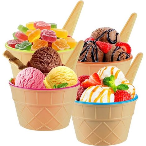 Set di 4 coppette e cucchiaini per gelato, vasetti per yogurt da freezer con cucchiaini, plastica resistente in colori vivaci, graziose coppette da dessert, gelato fai da te (1/5)