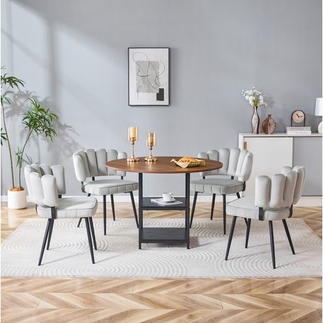 Mesa de comedor con 4 sillas (107x107x75 cm), doble almacenaje, respaldo floral, tela, MDF y metal, nogal y gris claro (1/5)