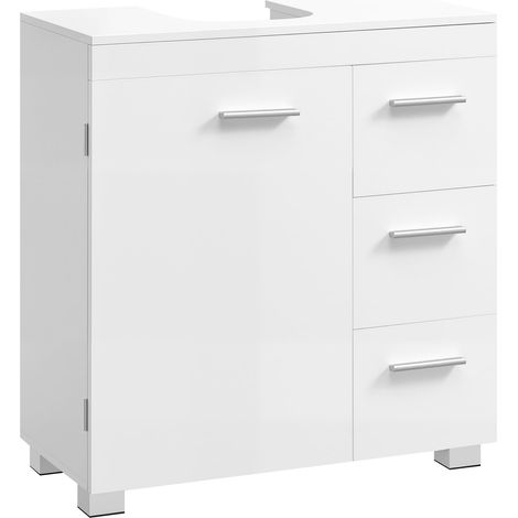 Meuble sous Lavabo, Meuble de Salle de Bain, 3 Tiroirs Latéraux, 2 Cases Derrière la Porte, pour Lavabos sur Colonne, avec Pieds, 30 x 60 x 64 cm, Blanc Nuage BBK514WB01 (1/5)
