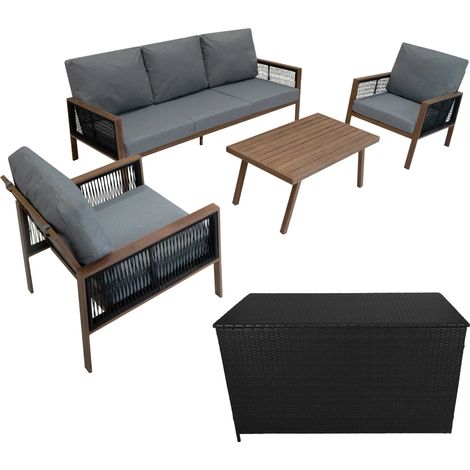 Aluminium 4 Piece Sofa Set with Black Rattan Storage Box - Wood