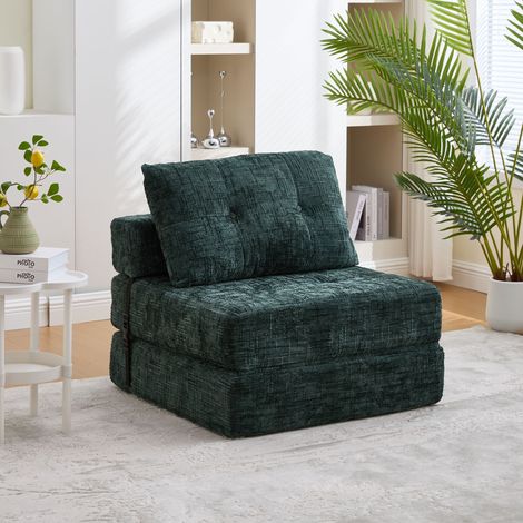 Canapé Droit Convertible - 1 Place - Haute Densité - Chenille - Compressé - Fonction Lit - 79 x 79 x 57 cm - Moderne - Vert Émeraude (1/5)