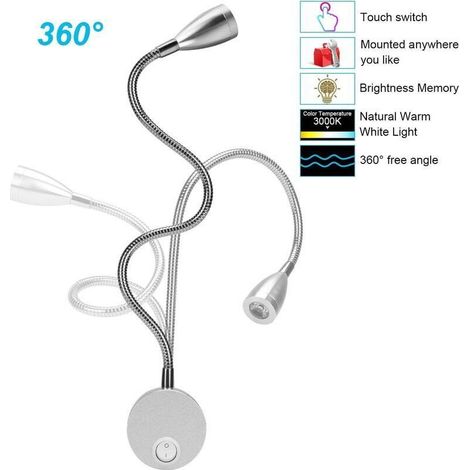 Lampe Chevet Murale 2 Lumières Applique Liseuse LED Col de Cygne Lumière 3W, 3000K Blanc Chaud Lampe de Lecture-- (1/5)