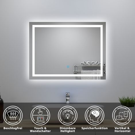 LED Badspiegel mit Kaltweiß Badezimmerspiegel 80x60 mit Beleuchtung Lichtspiegel Wandspiegel mit Touch-schalter beschlagfrei IP44 energiesparend (1/5)