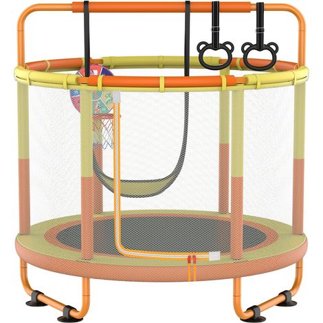 Trampoline pour Enfants, Trampoline pour Enfants Extérieur, Utilisation Intérieure et Extérieure, avec Filet de Sécurité, Panier, Poteaux, Balançoires, Cadeau pour Enfants (jaune orange) (1/5)