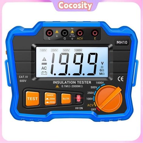 Cocosity Mégohmmètre numérique Testeur de résistance d'isolation 100V/ 250V/ 500V/ 1000V, avec quincaillerie electricite Bleu (1/5)