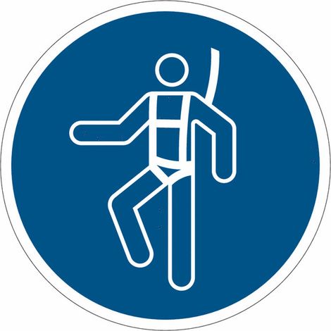 Cartelli di obbligo ISO 7010 "Imbracatura di sicurezza obbligatoria" - M018 - Misura: 100mm x 100mm - Numero Pezzi: 10 pezzi