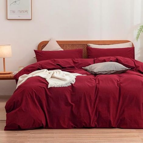 Coton Sets de Housse de Couette 220x240cm Rouge Bordeaux Parure de Lit 220x240 Plissé Coton 2 Personnes Respirant Linge de Lit avec Fermeture Éclair et 2 Taies d'oreiller 65x65 (1/5)