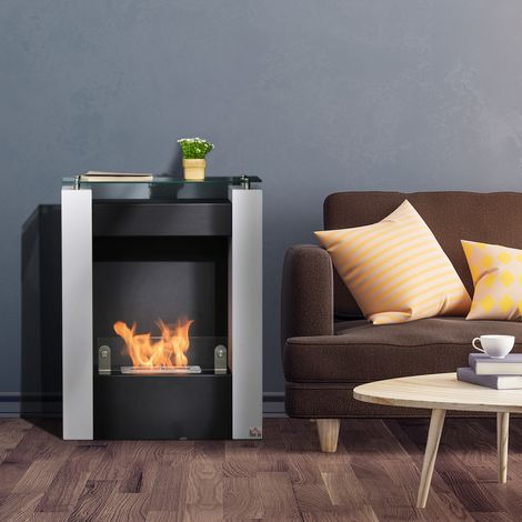 Cheminée bioéthanol brûleur 0,9 L avec plateau de rangement en verre trempé 60 x 20 x 79 cm Acier et Noir Blanc (1/4)