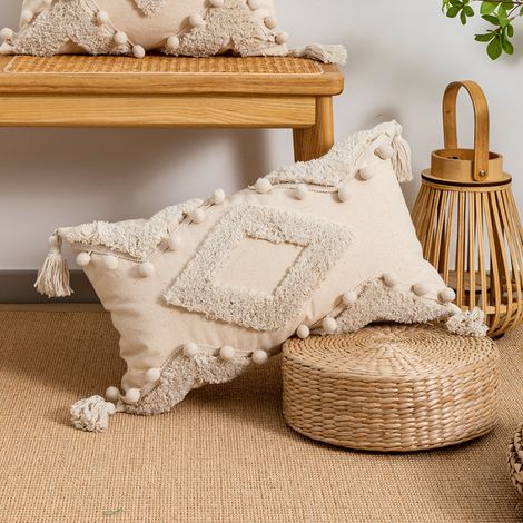 Lot de 2 taies d'oreiller taille blanc cassé touffetées, housses de coussin de canapé à pompons, taies d'oreiller décoratives, 30 x 50 cm (sans noyau) (1/5)