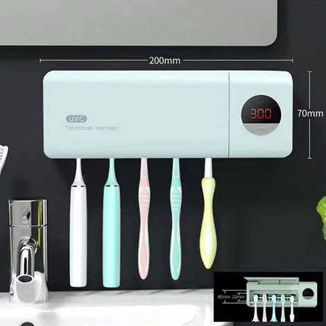 VURAHOME - Brosse Nettoyante UV Pour Brosse à Dents de Bain, Porte Brosse à Dents Salle de Bains, Montage Mural Stérilisateur, Organisateur Pour 5 Brosses (Vert) (1/3)