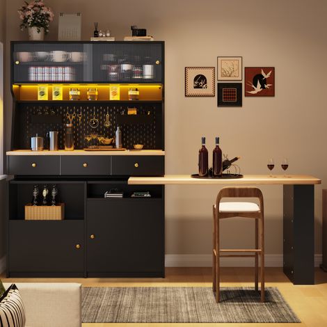 Buffet 137x74x177,7 cm en MDF et verre noir, avec rangement pour salon et bureau FloraGrace (1/5)