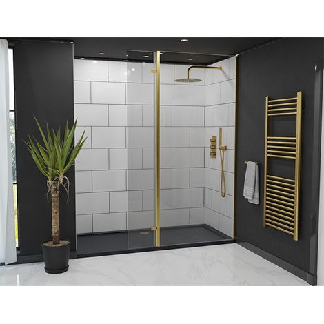 Colore 10mm Clear Glass Brushed Brass 2000mm x 300mm Walk In Hinged Return Shower Screen (1/5)