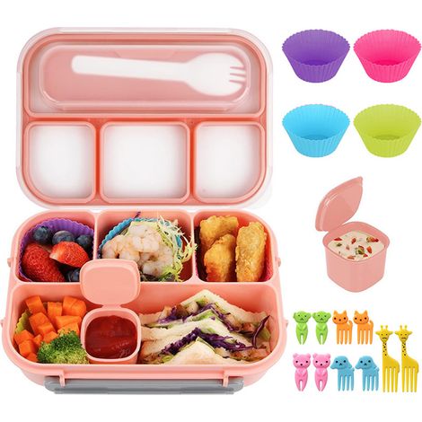 Bento-Lunchbox mit 4 Fächern, Soßenbehälter, Besteck, Snackspieße und Muffinformen für die Schule//..