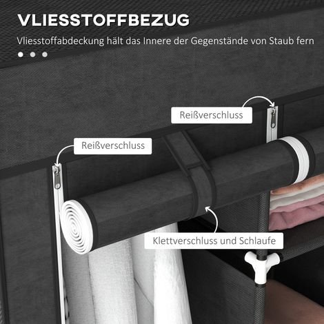 Armoire en tissu, solution de rangement, 8 étagères, 2 tringles, Noir (1/5)