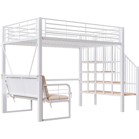 Letto a castello 140 x 200 cm in metallo con divano sfoderabile, scala contenitore, bianco HOMVRA (1/5)