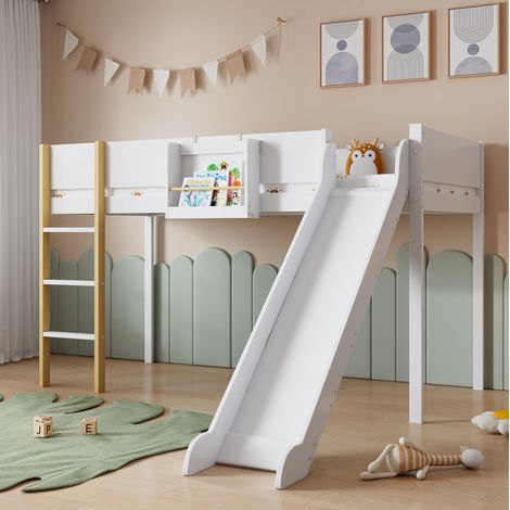Lit mezzanine enfant 90 x 200 cm avec toboggan echelle et etagere amovible,MDF blanc (1/5)