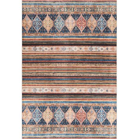 Tapis kilim 130 x 200 cm, motif traditionnel, multicolore, bleu et rouge, tissage kilim hydrofuge et résistant