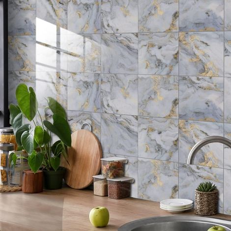 Autocollants muraux cuisine 20x20 marbre doré – PVC imperméable et résistant à l'huile – Lot de 10 pièces pour décoration moderne