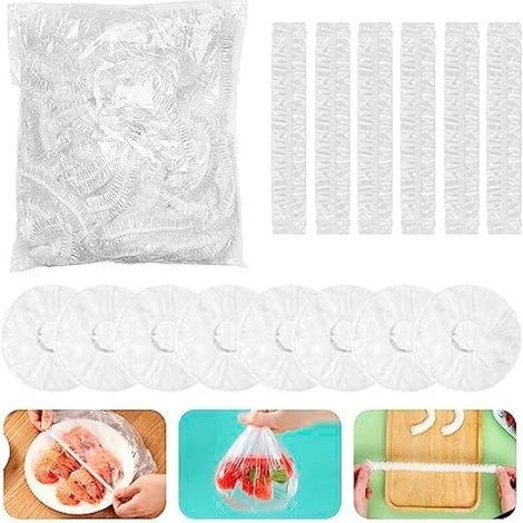 Sacs de rangement pour aliments avec bande élastique, lot de 300, sacs de rangement alimentaires extensibles, housses de conservation alimentaire transparentes, films étirables pour (1/5)
