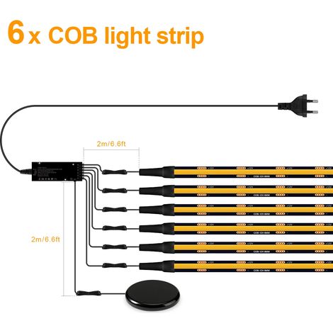 Kit de rubans LED COB 12 V décoratifs, intégrés, à intensité variable et à absorption acoustique, avec 6 bandes (lumière chaude, 2 m) et commande tactile. (1/5)