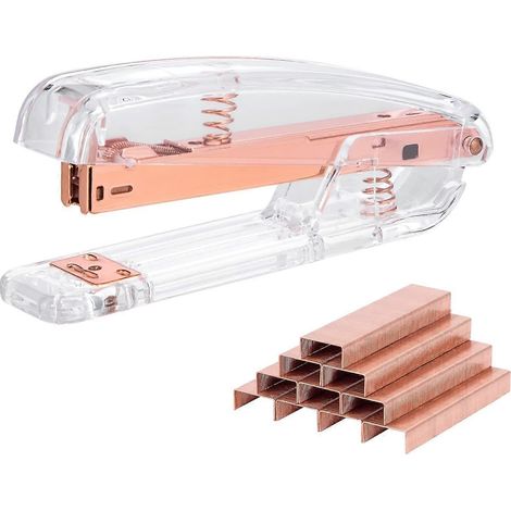 Agrafeuse de bureau en acrylique avec 1000 agrafes 26/6, 6 pinces à reliure, 50 trombones, kit d'accessoires de bureau pour la maison, le bureau et l'école (or rose) (1/5)