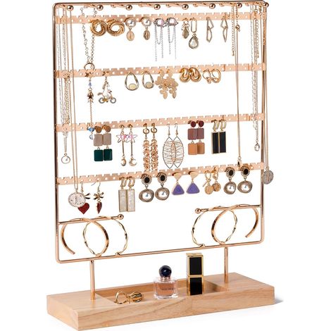 Porte Bijoux Présentoir Bijoux Métal, Présentoir Boucles d’Oreille Colliers Bracelets,Support Bijoux avec Plateau en Bois -Or (1/5)