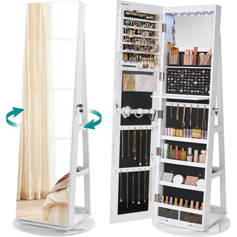 Armoire à Bijoux avec Miroir sur Pieds, Verrouillable, avec 6 LED, Rangement Bijoux Pivotant 360°, Miroir Psyché sans Cadre, 3 Étagères, Surface en Blanc, Doublure en Noir JJC007W01 (1/5)