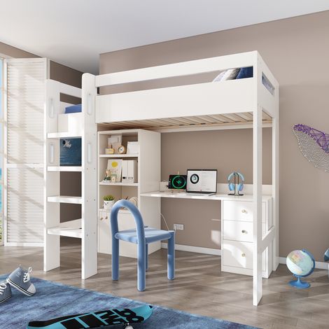 Letti a soppalco 90x200cm, con scrivania e classificatore, letti per bambini senza materasso, rete a doghe, USB, MDF, bianco