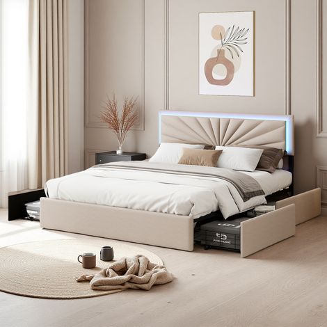 Lit double 160x200 cm - tissu en lin - 4 tiroirs - LED - lit 160x200 cm - Beige (1/5)