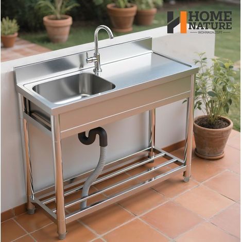 Évier de cuisine inox sur pied – 1 bac à gauche – Robinet – Étagère de rangement – Usage professionnel et extérieur – 100 x 50 x 90 cm – Home Nature Wohnkonzept (1/5)