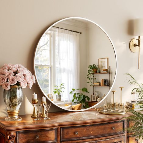 Miroir rond de 40 cm - Cadre en aluminium incassable - Miroir mural de salle de bain - Peut être suspendu ou posé - Convient pour chambre à coucher, salle de bain, salon - Blanc (1/5)