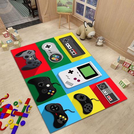 (Stil 3,80 x 120 cm) Schwarzer und grauer Teppich mit Spielkonsolenmuster. (1/3)