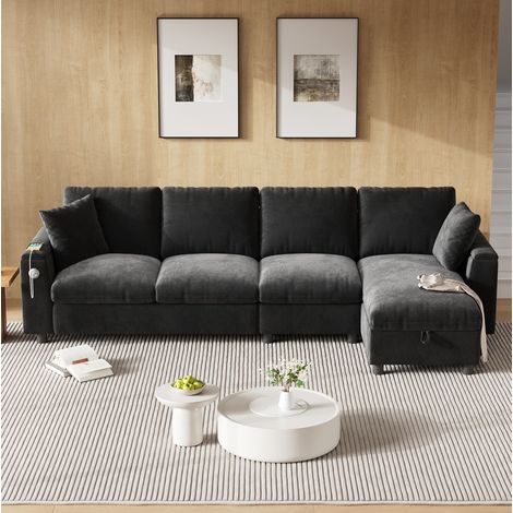 Ecksofa mit Stauraum, klappbarem Tisch, USB/Typ-C, grau HAVRYA (1/5)