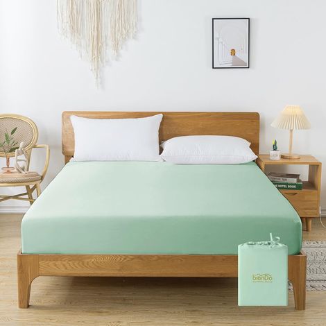 Drap Housse 160x200, 35CM Grand Bonnet, Housse Matelas en Bambou Soie Végétale, 2 Personne, Vert, Doux, Soyeux et Refroidissant (1/5)