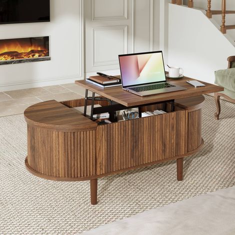 Table basse relevable ovale 100 x 48 x 40-53.5 cm, coffre et rangements avec pieds en bois massif, en MDF, salon, noyer
