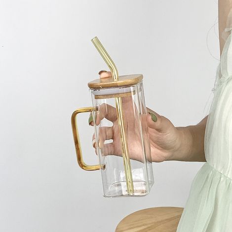 Verre carré en verre résistant à la chaleur de 400 ml avec couvercle et paille, verre à jus transparent, verre à bière, verre à lait, verre à petit-déjeuner (1/2)