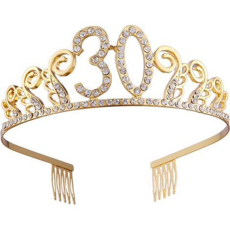 Corona de cumpleaños número 30, corona de diamantes de imitación de cristal con peineta, diadema de cumpleaños, regalo de boda número 30 para mujeres (dorado) (1/5)
