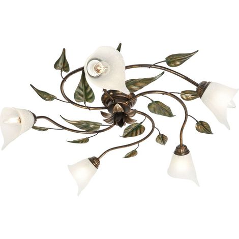 Visconte Pienza Floral Style Bronze & Green Semi flush Glass Ceiling E14 5 Light (1/5)