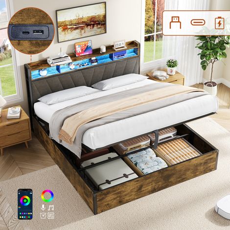 5ft King Bed Frame with Hydraulic Storage, RGB LED Storage Headboard with Charging Station, USB and Type-C Ports, No Box Spring Needed, Easy Assembly, Black+Walnut (No Mattress) (1/5)