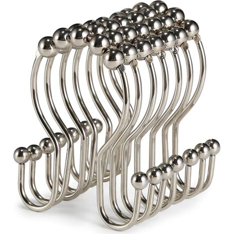 Ulisem Lot de 12 crochets de rideau de douche, doubles crochets coulissants en acier inoxydable antirouille, anti-chute pour rideau de douche de salle de bain (nickel) (1/4)
