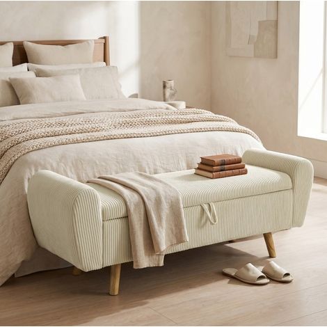 Banc de rangement 150x45x51 cm beige, coffre 73 L, tissu effet velours côtelé MEUBLIV (1/5)