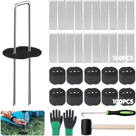 100 piquets de jardin,avec 100 Rondelles Sardine,agrafes pour toile de paillage,sardines camping,sardines de fixation pour geotextile De Fixation De Toile De Paillage,galvanisé ancrage au sol (1/5)